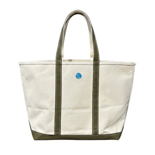 Canvas tote bag with a blue logo on a white background