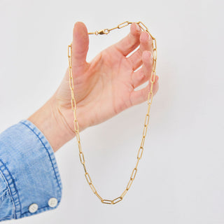 Hand holding a gold chain necklace against a white background