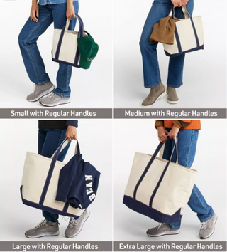 Comparison of tote bags in small, medium, large, and extra large sizes with regular handles.