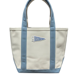 Beige tote bag with blue handles and accents on a white background