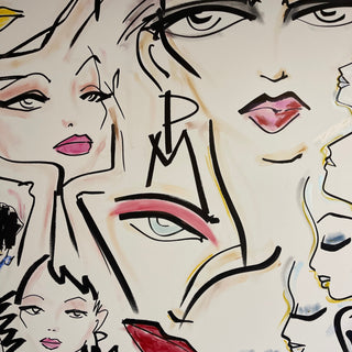 Artistic illustration of stylized faces with bold lines and colors.