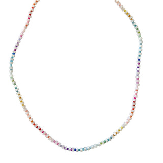 A multicolored beaded necklace with gold accents, likely a choker length.